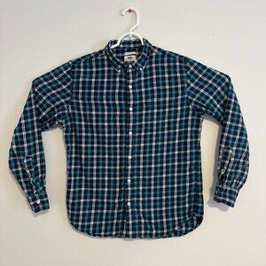 Old Navy Casual Button Down Mens Medium Blue Plaid Rugged Flannel Shirt